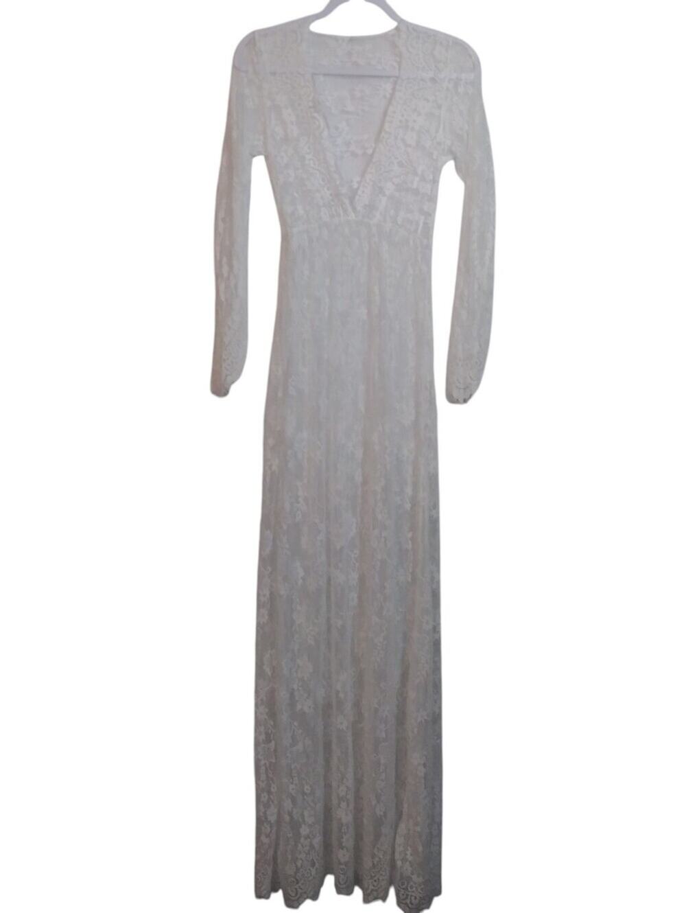 White Long Sleeve Lace Sheer Boho Maxi Dress Festival Maternity Size M